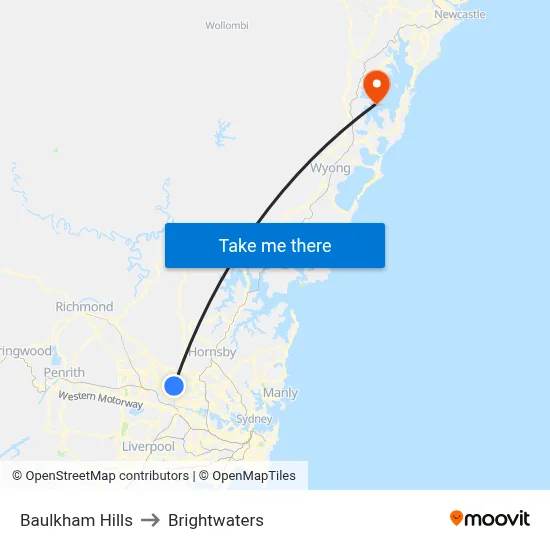 Baulkham Hills to Brightwaters map