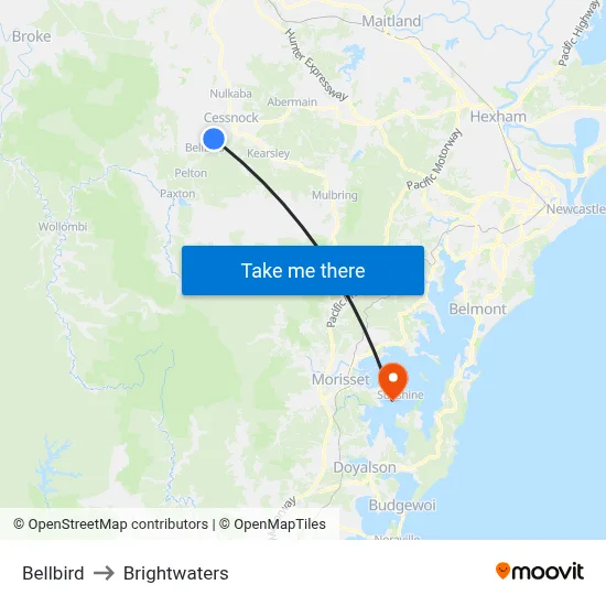 Bellbird to Brightwaters map