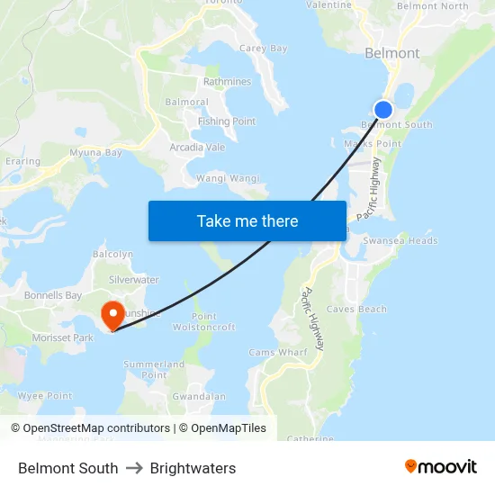 Belmont South to Brightwaters map