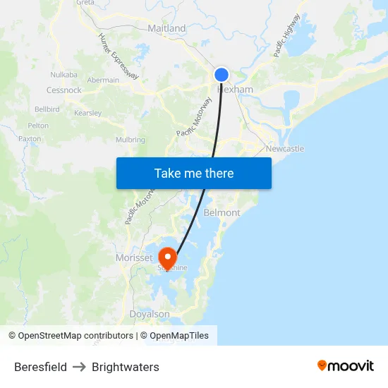 Beresfield to Brightwaters map