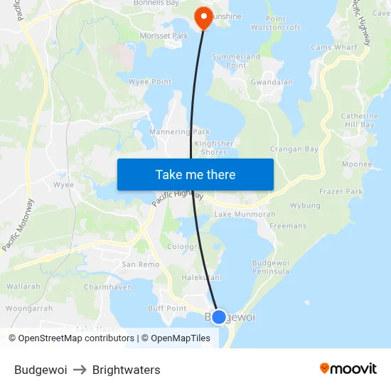Budgewoi to Brightwaters map