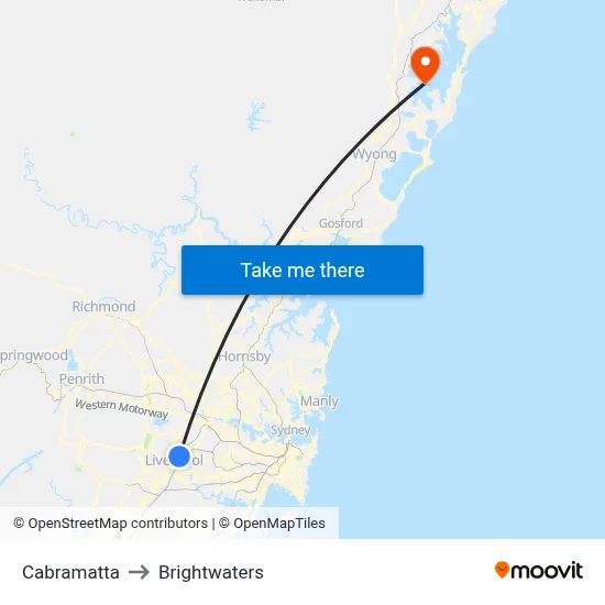 Cabramatta to Brightwaters map