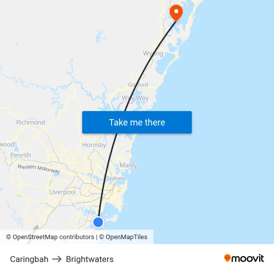 Caringbah to Brightwaters map