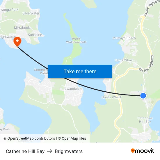 Catherine Hill Bay to Brightwaters map