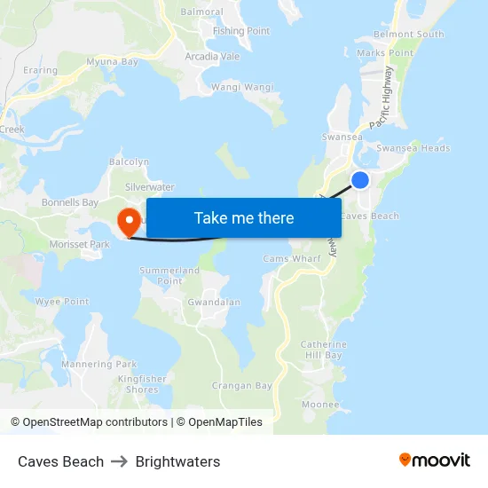 Caves Beach to Brightwaters map
