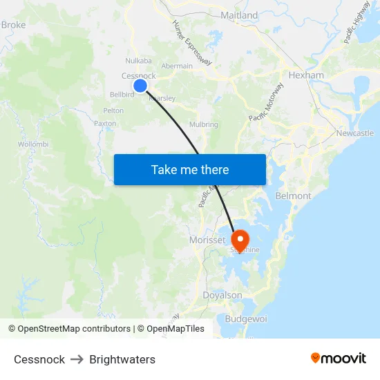 Cessnock to Brightwaters map