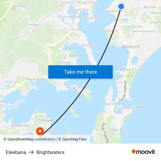 Eleebana to Brightwaters map