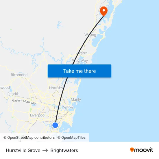Hurstville Grove to Brightwaters map
