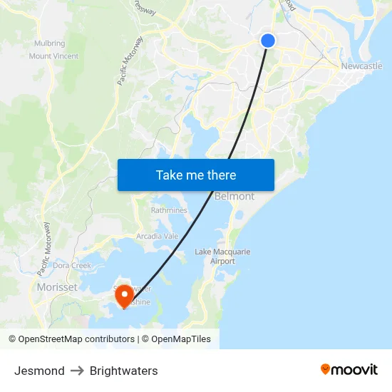 Jesmond to Brightwaters map