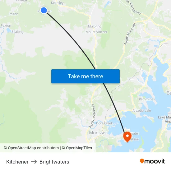 Kitchener to Brightwaters map