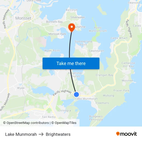 Lake Munmorah to Brightwaters map