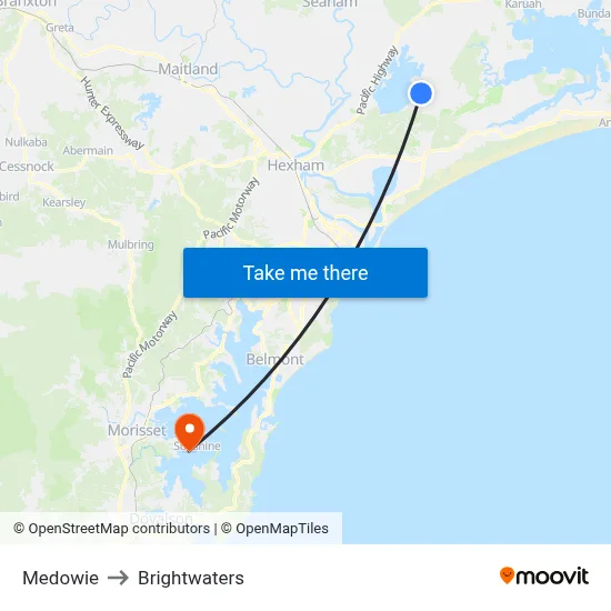 Medowie to Brightwaters map