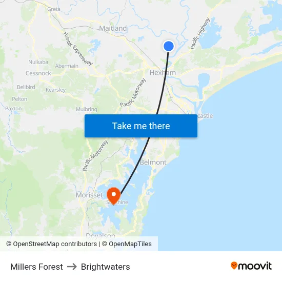 Millers Forest to Brightwaters map