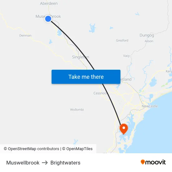 Muswellbrook to Brightwaters map