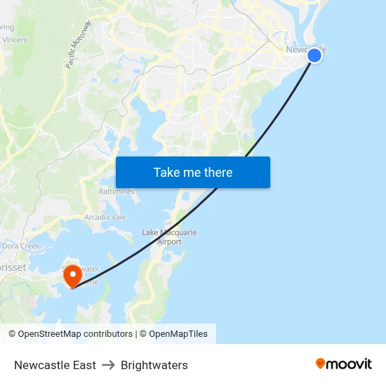 Newcastle East to Brightwaters map