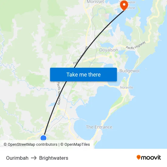 Ourimbah to Brightwaters map
