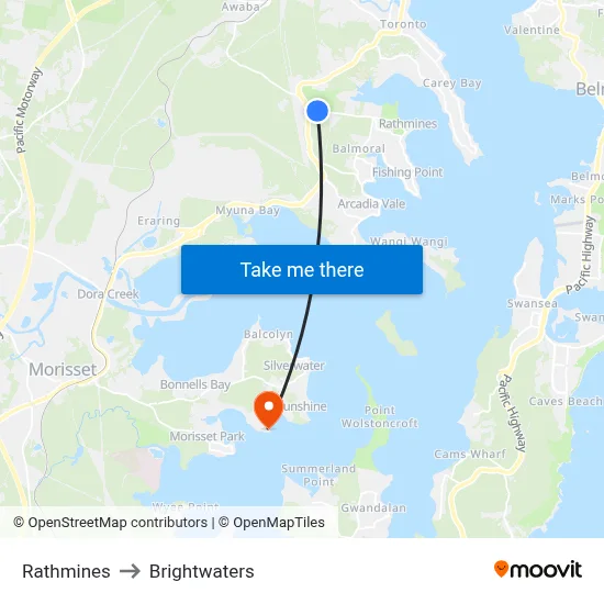 Rathmines to Brightwaters map