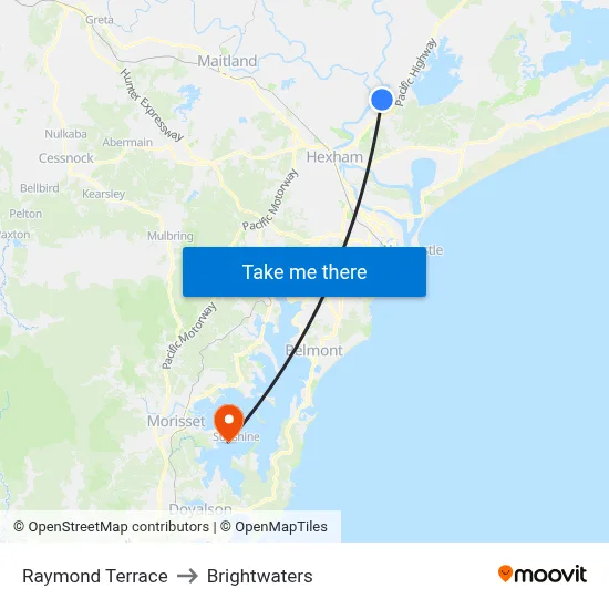 Raymond Terrace to Brightwaters map