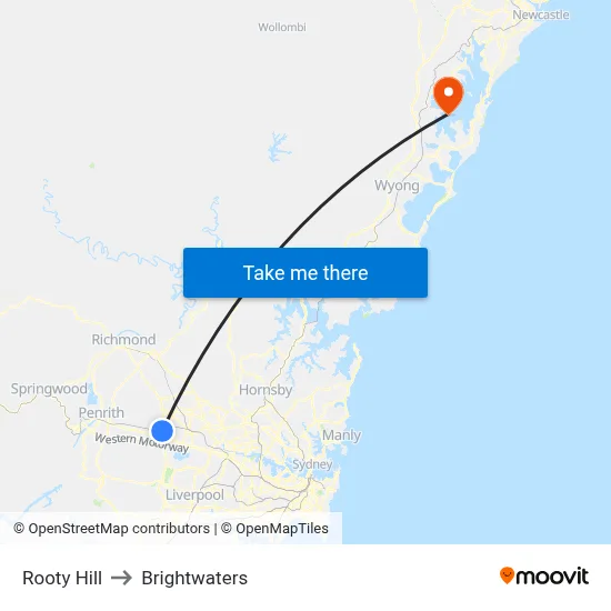 Rooty Hill to Brightwaters map