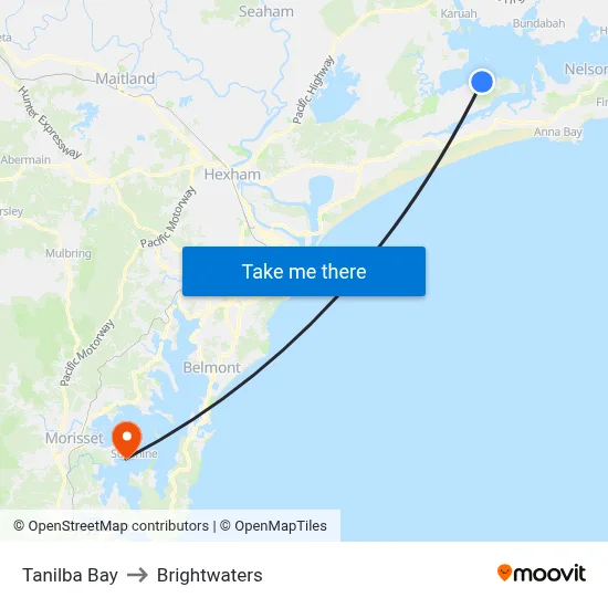 Tanilba Bay to Brightwaters map