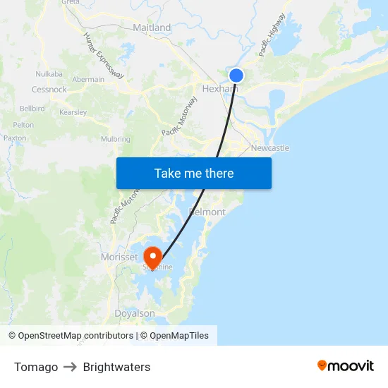 Tomago to Brightwaters map