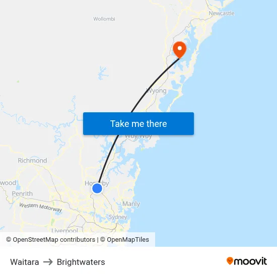 Waitara to Brightwaters map