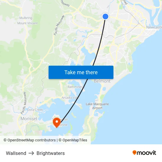Wallsend to Brightwaters map