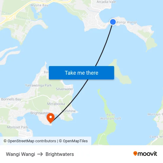 Wangi Wangi to Brightwaters map