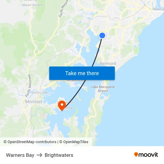 Warners Bay to Brightwaters map