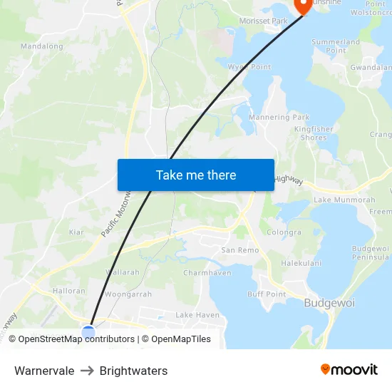 Warnervale to Brightwaters map