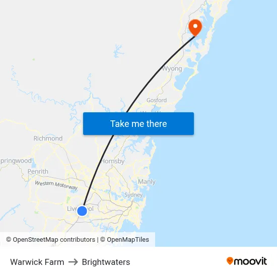 Warwick Farm to Brightwaters map