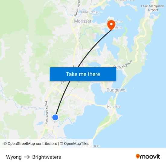 Wyong to Brightwaters map