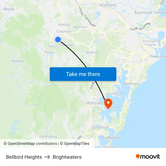Bellbird Heights to Brightwaters map
