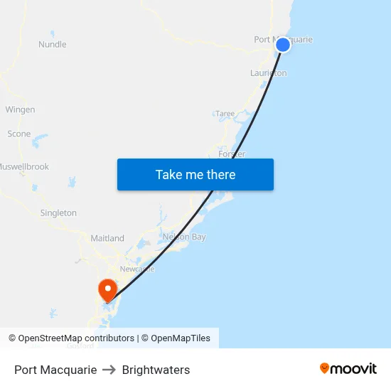 Port Macquarie to Brightwaters map