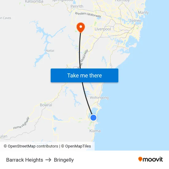 Barrack Heights to Bringelly map