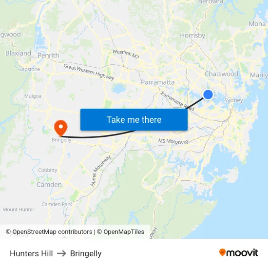 Hunters Hill to Bringelly map
