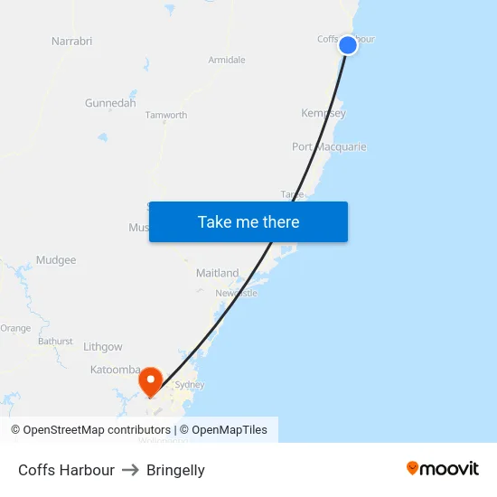 Coffs Harbour to Bringelly map