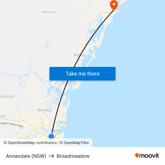 Annandale (NSW) to Broadmeadow map