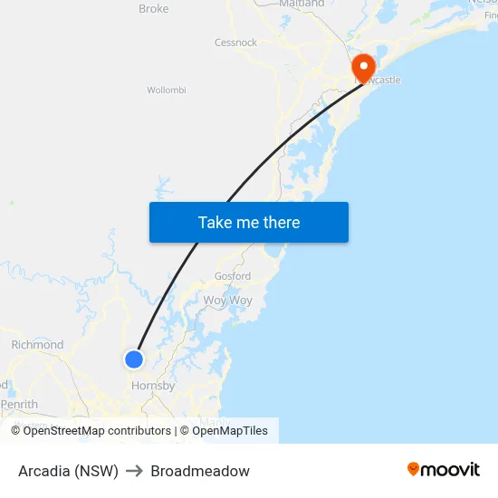 Arcadia (NSW) to Broadmeadow map