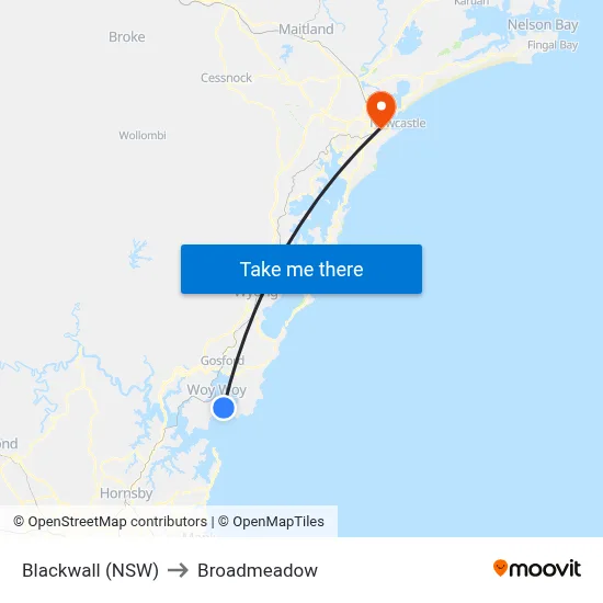 Blackwall (NSW) to Broadmeadow map