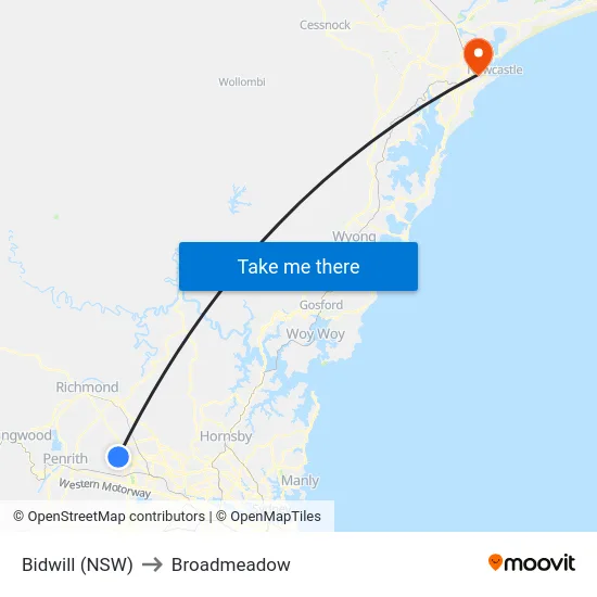 Bidwill (NSW) to Broadmeadow map