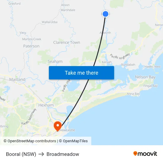 Booral (NSW) to Broadmeadow map