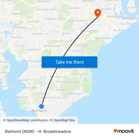 Belmont (NSW) to Broadmeadow map