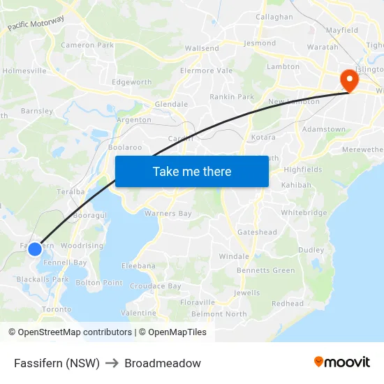 Fassifern (NSW) to Broadmeadow map