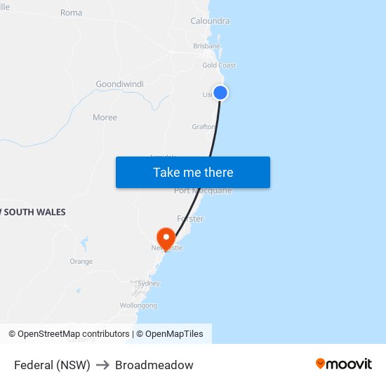 Federal (NSW) to Broadmeadow map