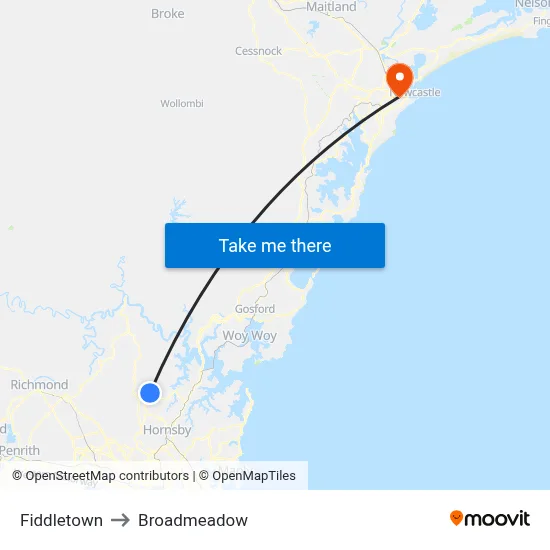 Fiddletown to Broadmeadow map