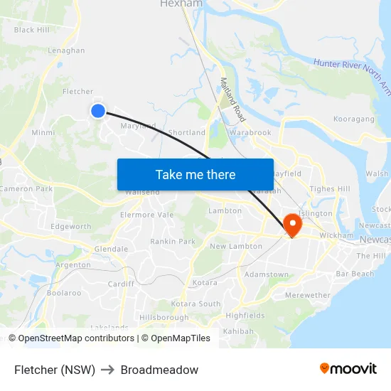 Fletcher (NSW) to Broadmeadow map