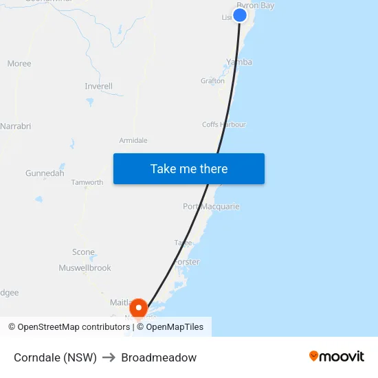 Corndale (NSW) to Broadmeadow map