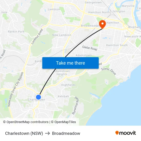 Charlestown (NSW) to Broadmeadow map