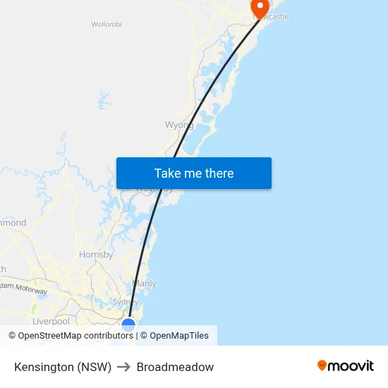 Kensington (NSW) to Broadmeadow map